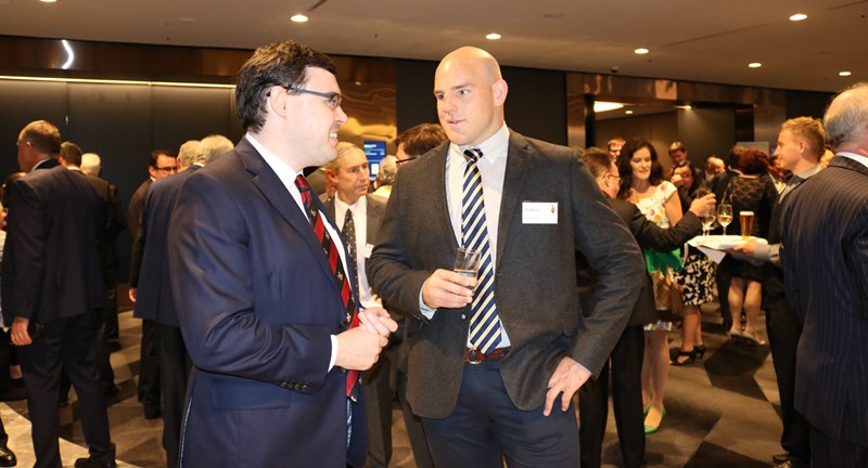 Assembly of Catholic Professionals member, Stephen, catches up with Wallabies captain, Stephen Moore, Oct Luncheon 2016