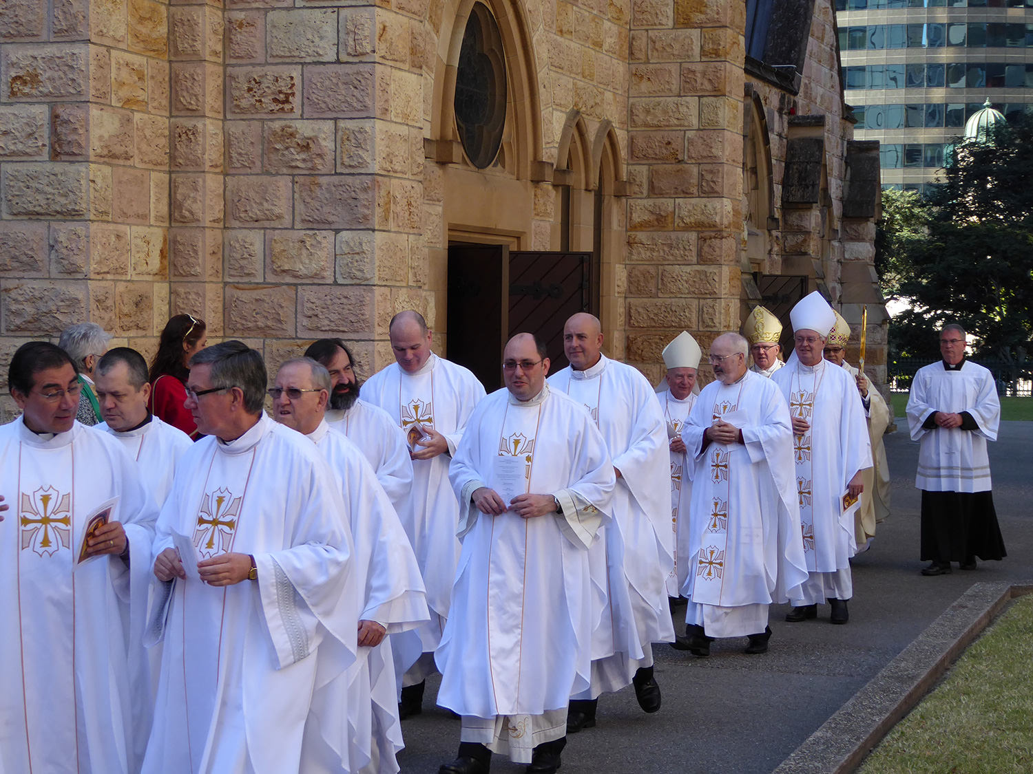 Priests gather outside the Cathedral before the entrance procession, Solemnity of Saint Mary of the Cross MacKillop Mass 2015