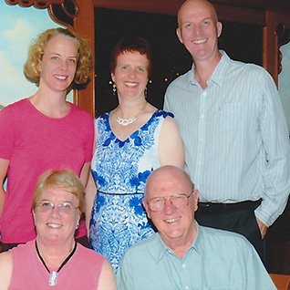 Kevin and Catherine with their children, standing
L-R Caroline, Diane and Greg during a cruise to
celebrate Cath’s 70th birthday